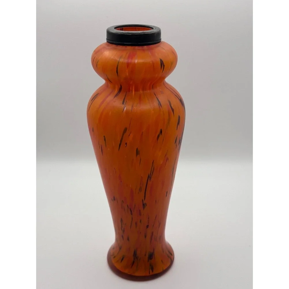 Art Deco Sterling Silver-Mounted Orange Art Glass Bud Vase 7.5